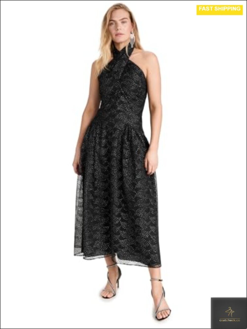 Shoshanna Metallic Scalloped Mesh Halter Neck Dress Women Formal Gown